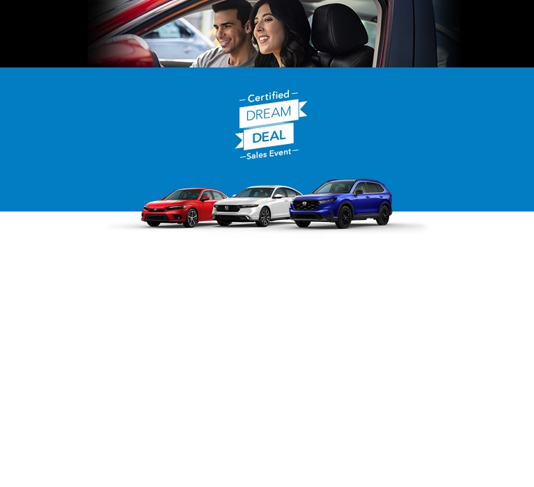 Perfil del frente del Honda Civic Sedán 2022, el Honda Accord 2024 y la Honda CR-V 2024 para el evento de ventas Ofertas de Ensueño.