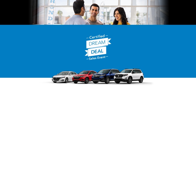 Perfil del frente del Honda Accord, la HR-V, la Pilot 2022 y la Honda Passport 2023 para el evento de ventas Ofertas de Ensueño.