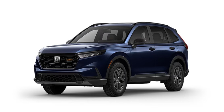 Vista frontal de 3/4 de la CR-V TrailSport Hybrid 2026 en Canyon River Blue Metallic.