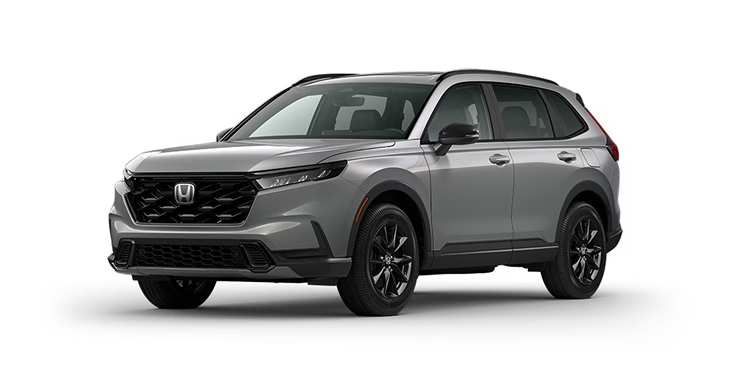 Vista frontal de 3/4 de la CR-V Sport Touring Hybrid 2026 en Urban Gray Pearl.
