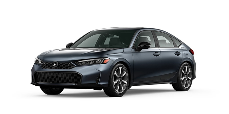 Vista frontal de 3/4 del Civic Hatchback Sport Touring Hybrid 2026 en Meteorite Gray Metallic.