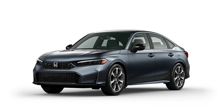 Vista frontal de 3/4 del Civic Sedán Sport Touring Hybrid 2026 en Meteorite Gray Metallic.