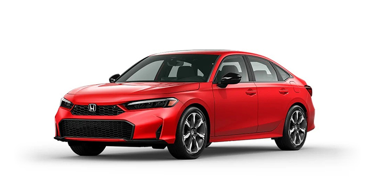 Vista frontal de 3/4 del Civic Sedán Sport Touring Hybrid 2026 en Rallye Red.