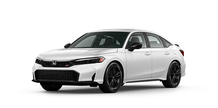 Vista frontal de 3/4 del Civic Si 2026 en Platinum White Pearl.