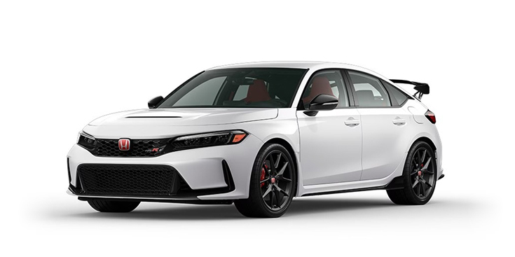 Vista frontal de 3/4 del Civic Type R 2025 en Championship White.