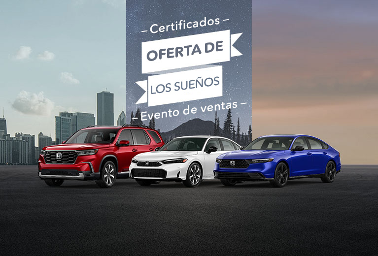 Una línea de vehículos Honda que incluye los modelos Civic, Accord y Pilot 2024-2025.
