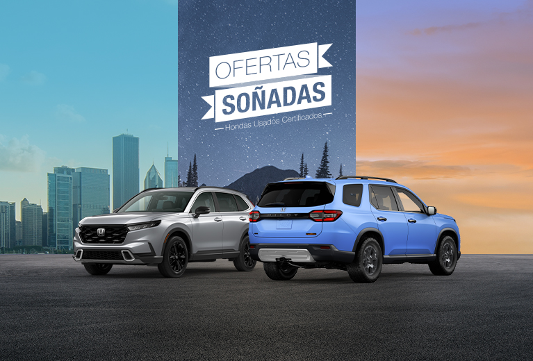 CR-V Sport Touring Hybrid en Solar Silver Metallic y Pilot TrailSport en Diffused Sky Blue Pearl en un fondo de tres paneles que muestra una ciudad, una montaña y un atardecer.