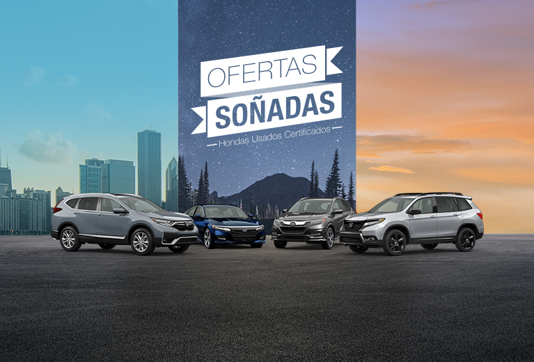 CR-V Sport Touring Hybrid en Solar Silver Metallic y Pilot TrailSport en Diffused Sky Blue Pearl en un fondo de tres paneles que muestra una ciudad, una montaña y un atardecer.